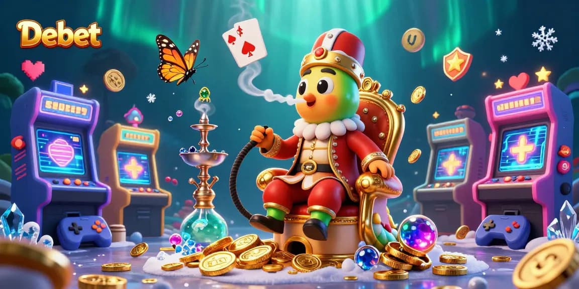 Experience Debet's vibrant gaming adventure with a whimsical caterpillar and colorful casino theme.