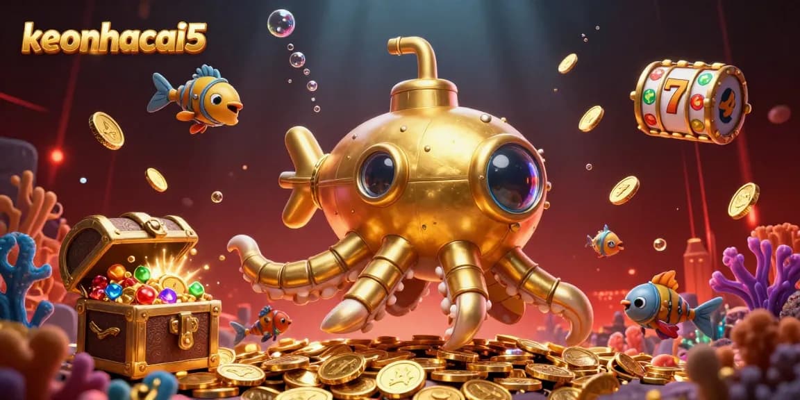 Experience thrilling action with keonhacai5 as a golden kraken submarine emerges from a treasure-filled scene.