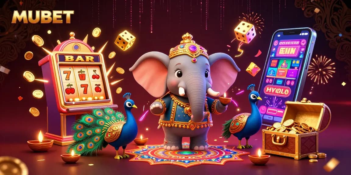 MUBET features a vibrant 3D scene with an elephant and peacock celebrating a casino jackpot.