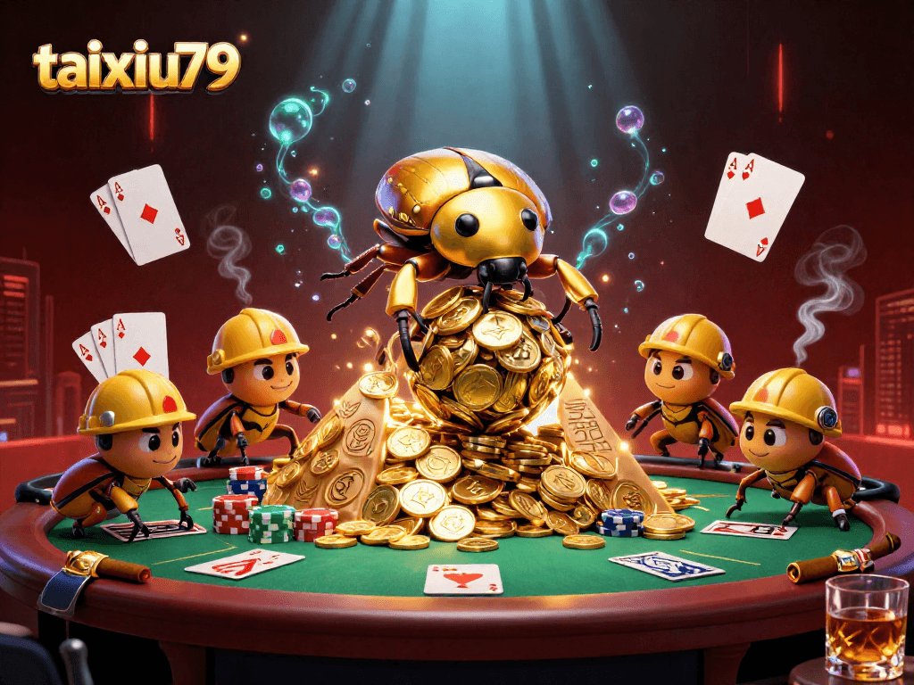Play thrilling taixiu79 with a dynamic scene of 3D cartoon beetles rolling gold coins at a casino.