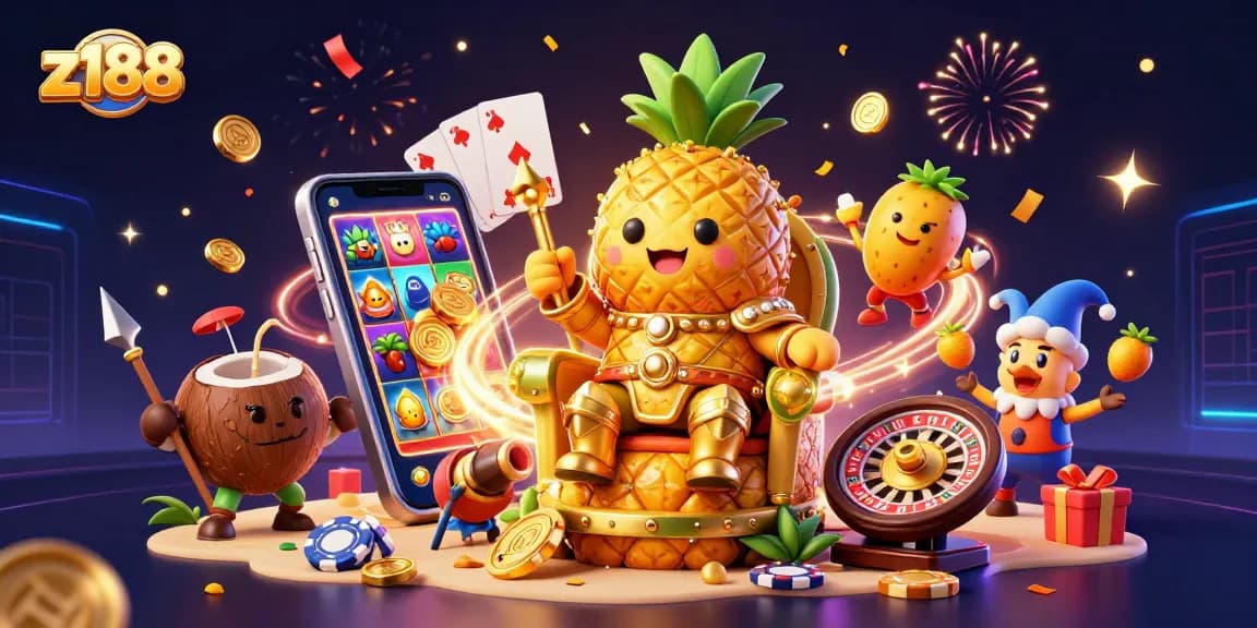 Join the golden pineapple king in z188's vibrant casino scene filled with gaming excitement and fun!