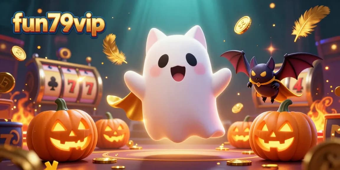 Experience fun79vip's vibrant casino excitement with a ghost cat, golden tokens, and lively game elements.