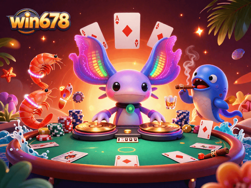 Win678 gaming scene with a vibrant axolotl DJ and shrimp dancers at a poker table.