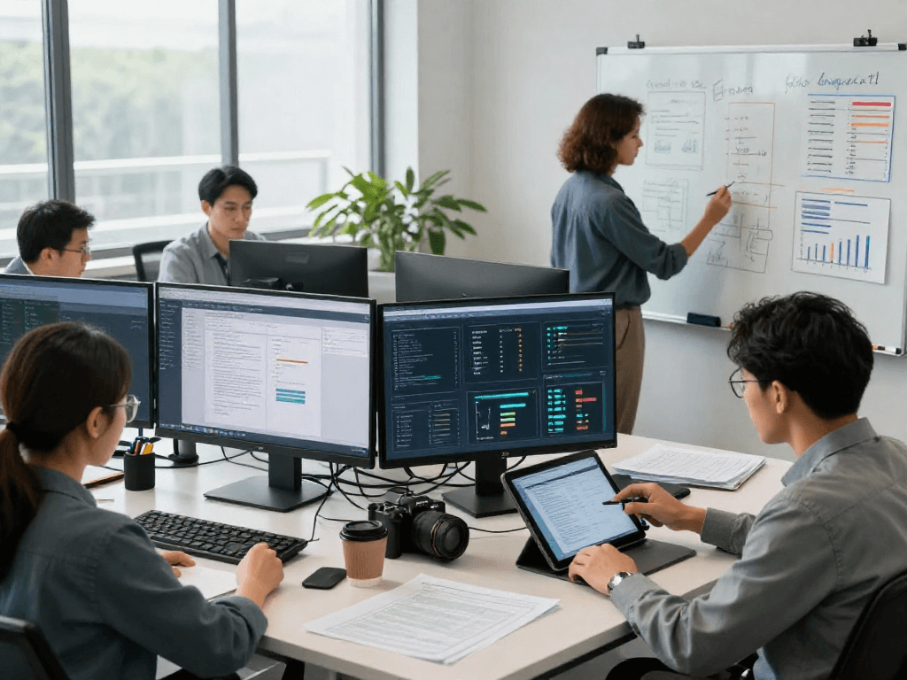 Document fraud detection team reviewing analytics in a modern office ecosystem, showcasing AI-powered results and collaboration.