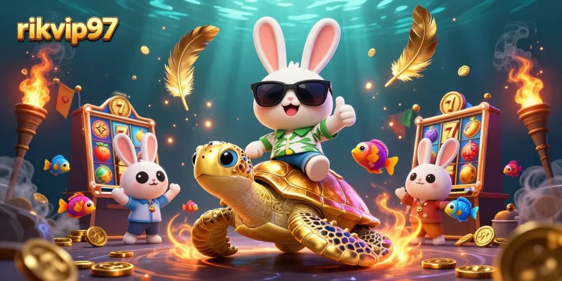 Join rikvip97's colorful adventure in a packed casino scene filled with slot games and excitement.