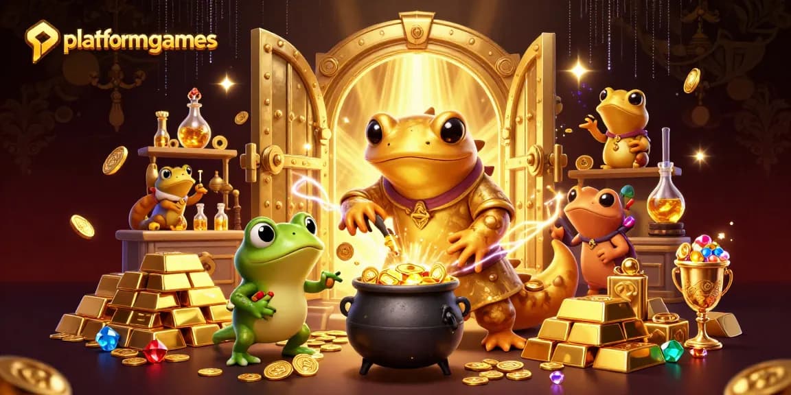Join the excitement at platformgames with a golden alchemist and frog stirring liquid gold!