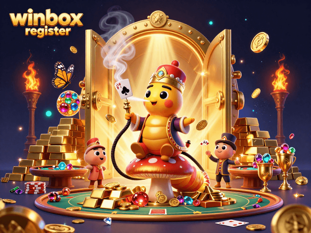 Experience the winbox register with vibrant casino-themed 3D art showcasing poker elements and treasure.