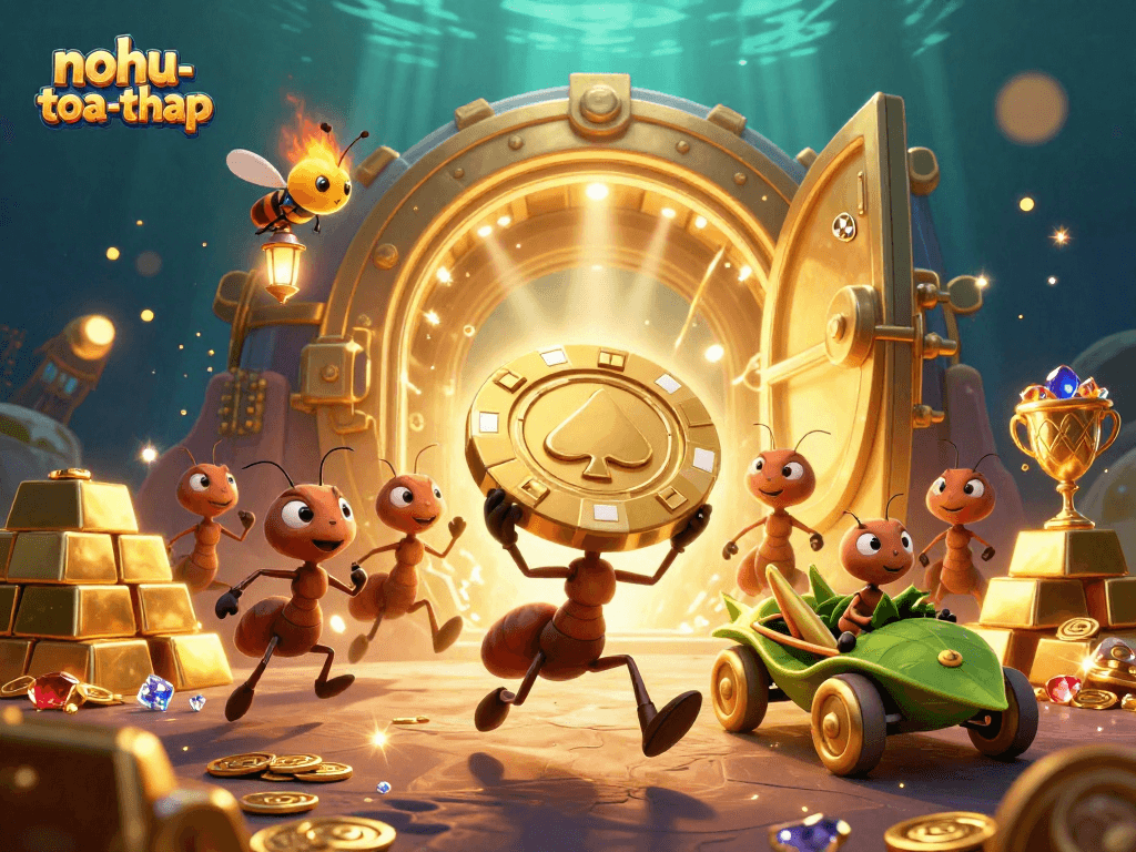 Join the adventure in nohu-toa-thap, where ants run a heist for giant poker chips in a vibrant casino world.
