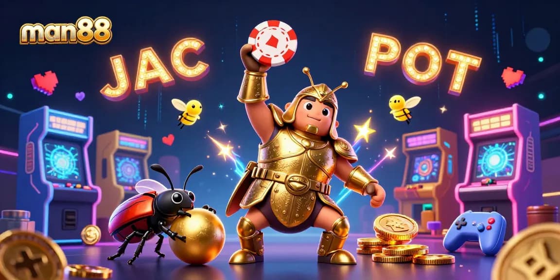 Experience man88's gaming thrill as a victorious beetle lifts a poker chip amidst vibrant casino graphics.