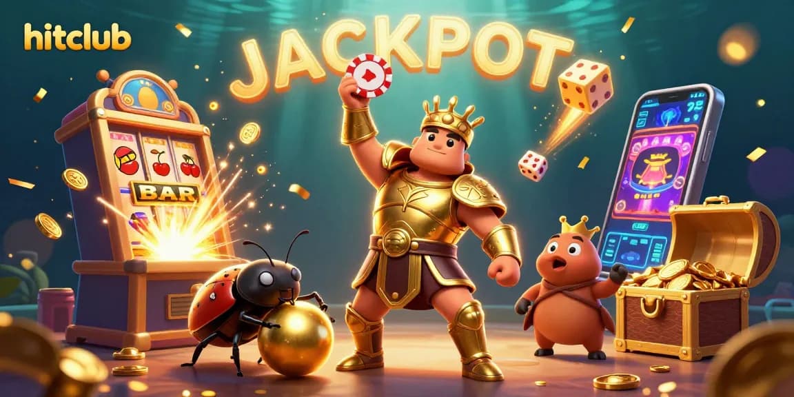 Hitclub enhances your gaming with a vibrant scene featuring a victorious beetle and casino elements.