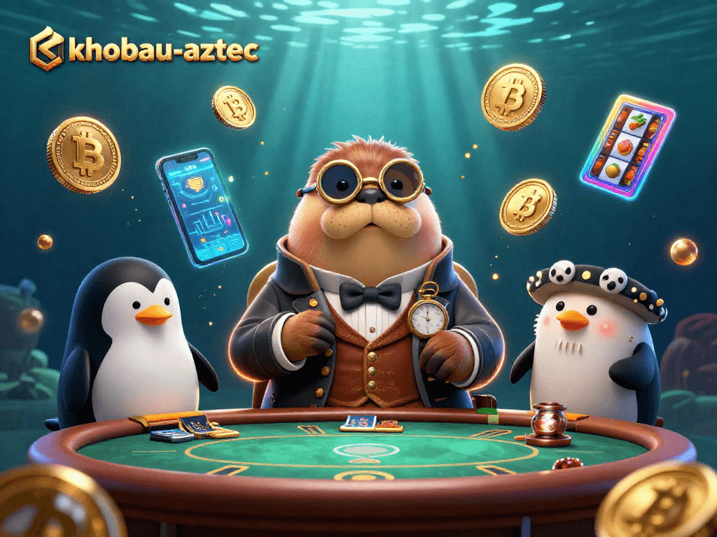 Join khobau-aztec at an underwater poker table with a playful scene including animated characters and slot elements.