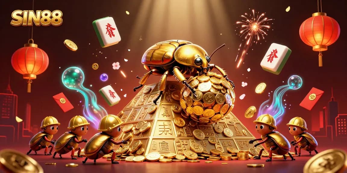 SIN88 casino art illustration showcasing themed characters rolling coins in a vibrant, engaging scene.