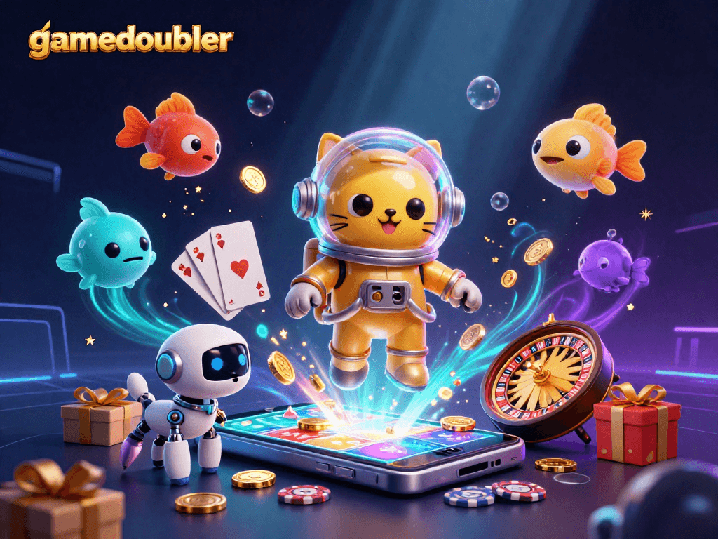 Experience gamedoubler's exciting slots with this vibrant space-themed illustration full of dynamic gaming elements.