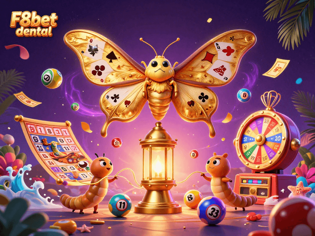 Play vibrant games at F8bet dental, featuring a lively casino scene with a golden moth and dynamic gambling elements.