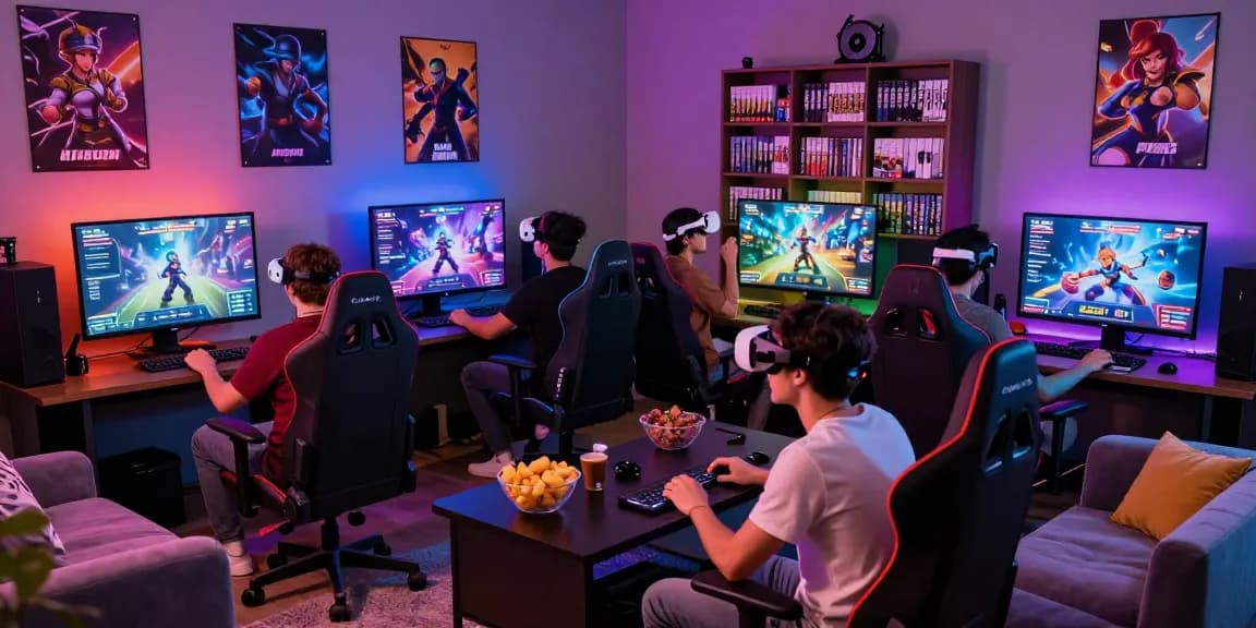 Friends enjoying multiplayer porn games in a vibrant gaming setup.