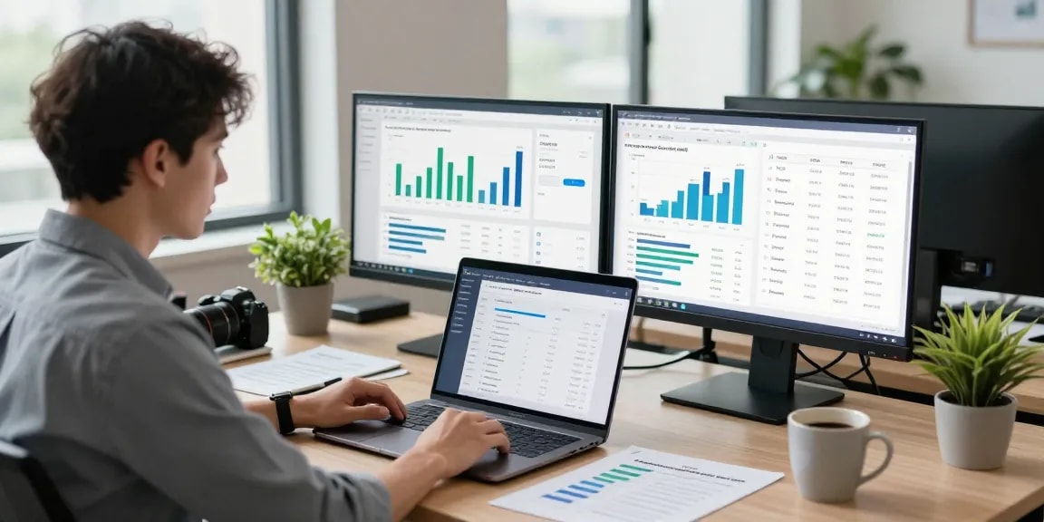 Analyze online payment gateway metrics in a modern e-commerce workspace with dual monitors and strategic planning notes.