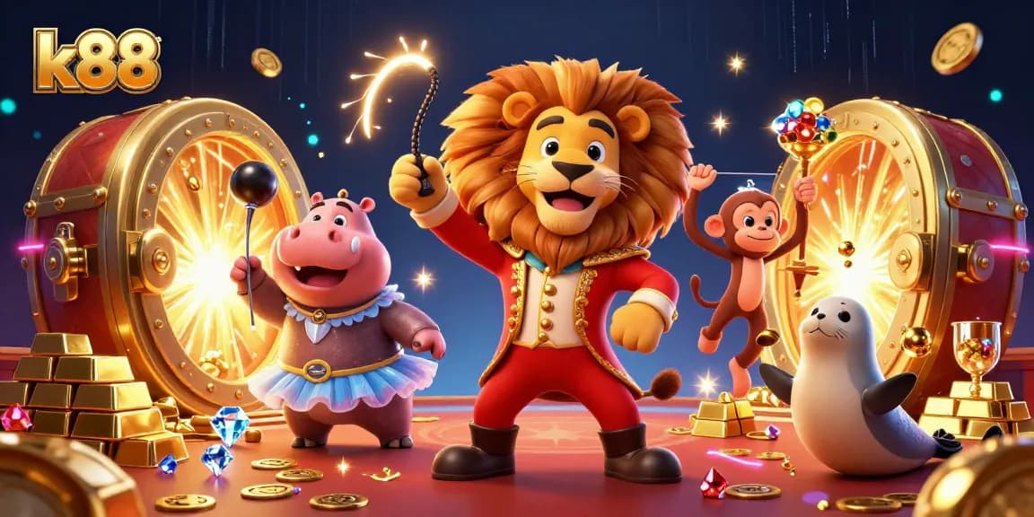K88 players engaging in vibrant casino excitement surrounded by golden treasures and animated characters.