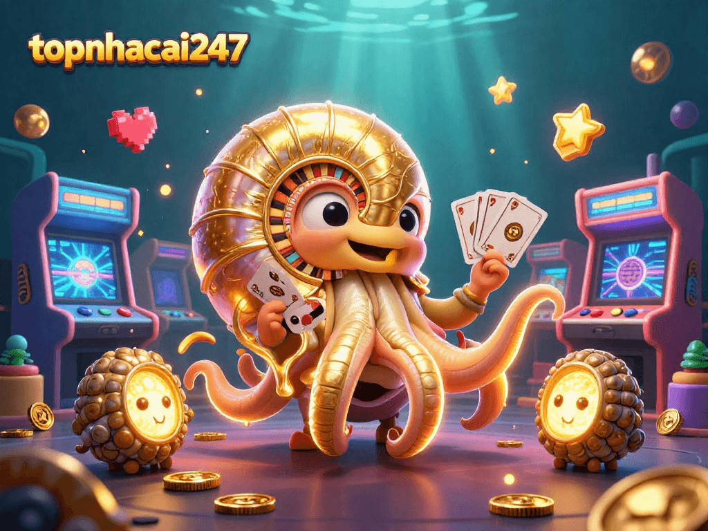 topnhacai247 showcases exciting casino experience with vibrant colors and dynamic characters in a 3D casino scene.