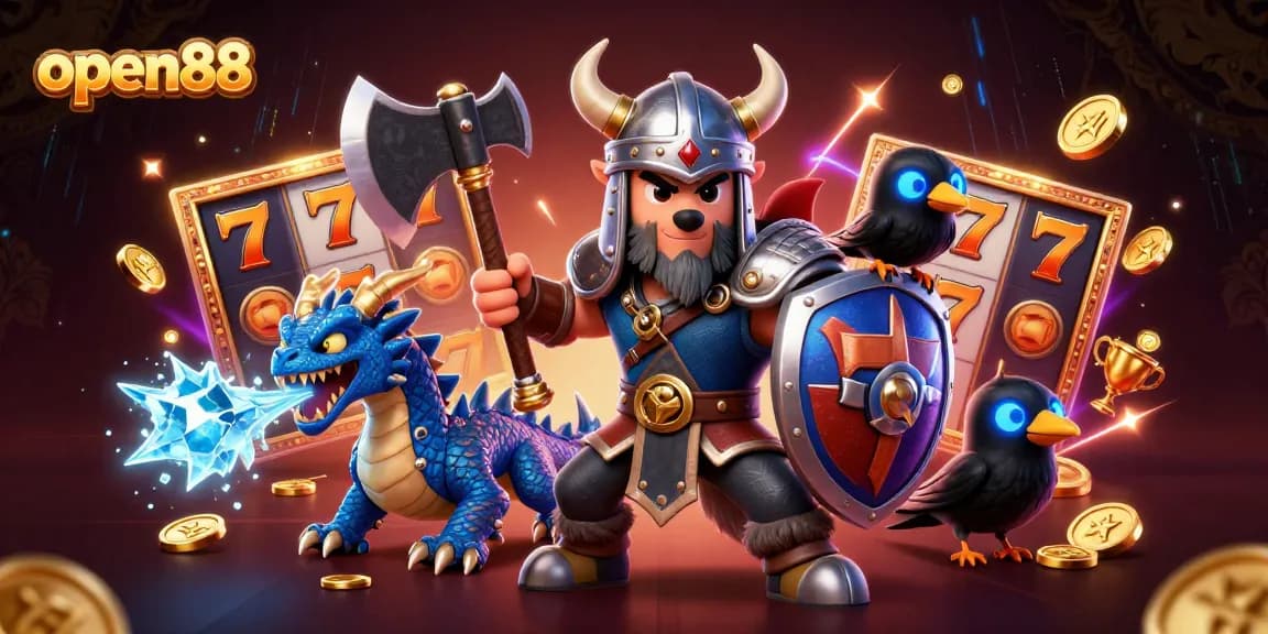 Experience slot excitement with open88's Viking warrior, dragon, and glowing elements.
