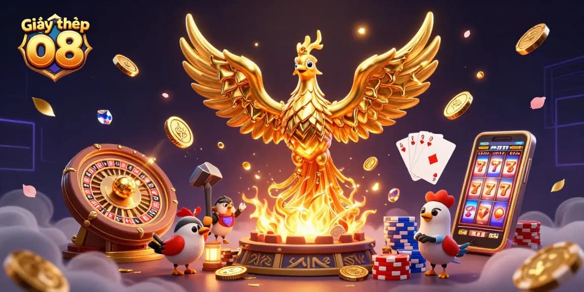 Experience the thrill of Giấy phép o8 with vibrant casino elements and dynamic action in 3D illustration.