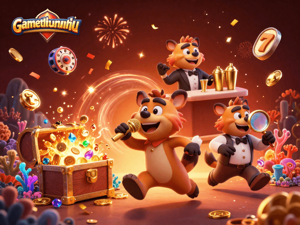 gamethuongnohu enhances the casino experience with hyenas in a comedy club scene featuring exploding treasure chests.