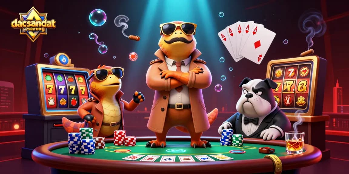 Experience dynamic gameplay at dacsandatphanrang with raptors in a trench coat entering a casino.