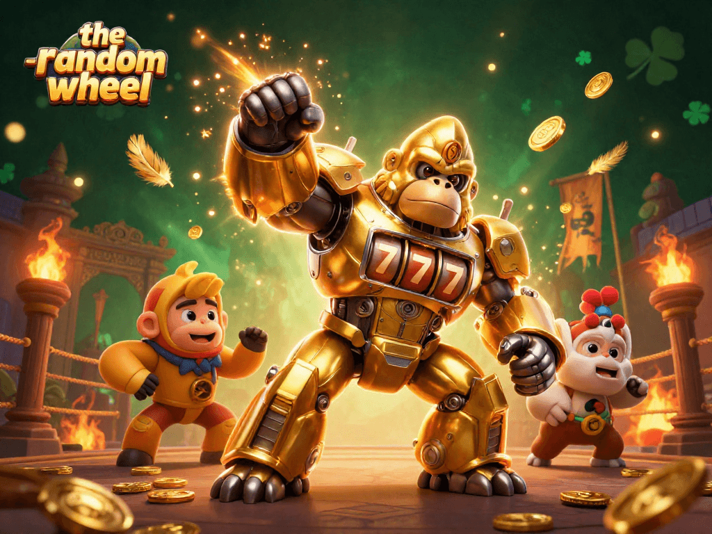 Experience thrilling action with the-random-wheel illustrated as a golden gorilla mech bursting with coins, embodying casino excitement.