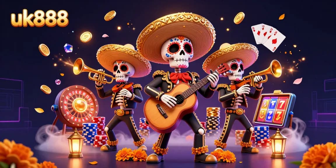 Experience dynamic play at uk888 with a vibrant 3D scene of animated mariachi skeletons and casino elements.