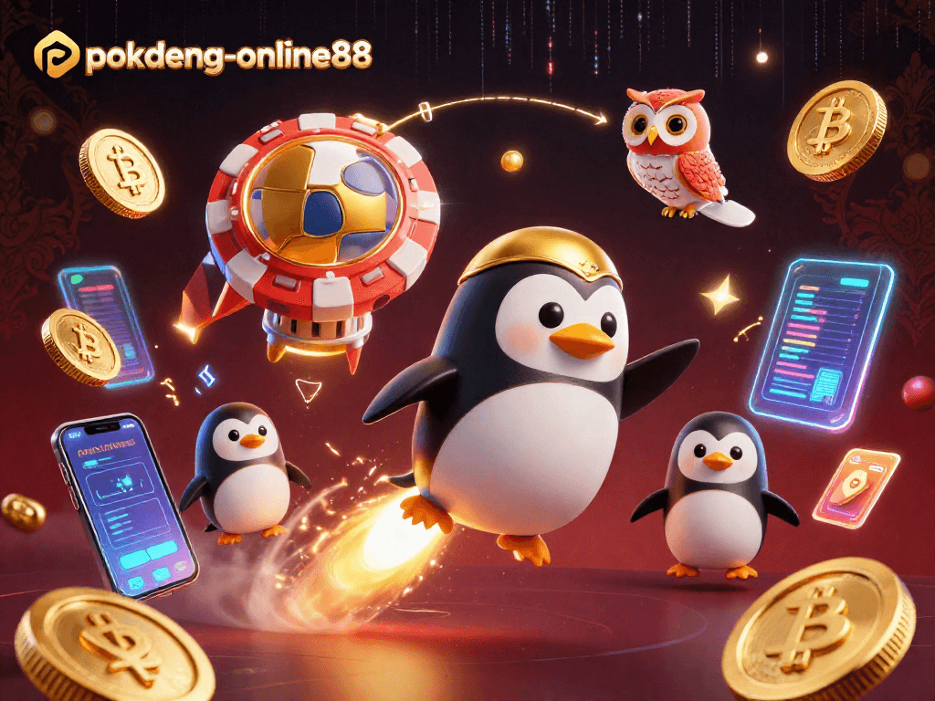 Play exciting Pok Deng strategy with the golden penguin in a dynamic casino space scene at pokdeng-online88.