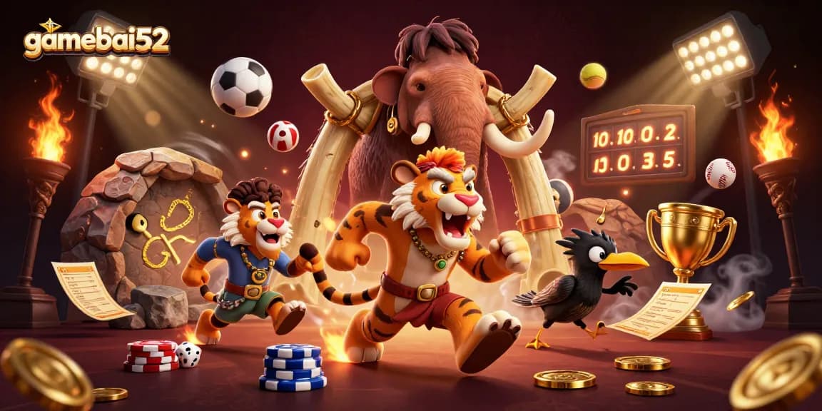 Experience the thrill of gamebai52 in this vibrant prehistoric casino scene.