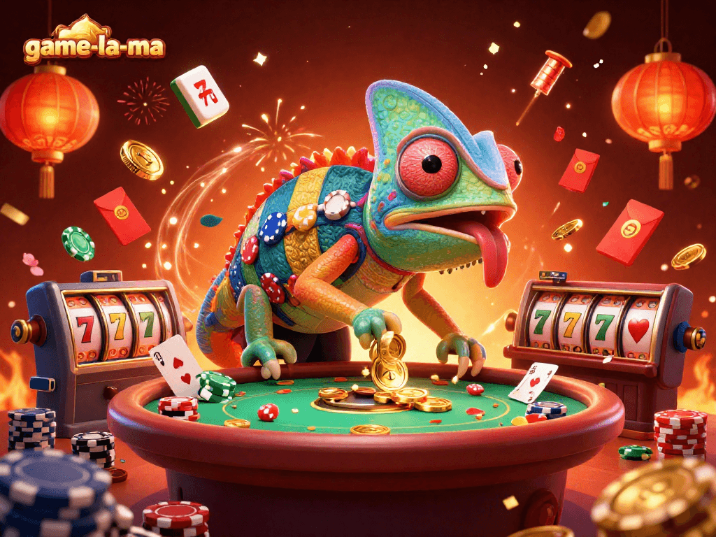 Experience the vibrant energy of game-la-ma with a captivating casino scene featuring a chameleon owner.