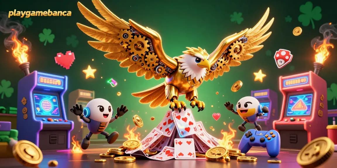 Engage with playgamebanca in this vibrant 3D gaming illustration showcasing cybernetic eagle and arcade elements.
