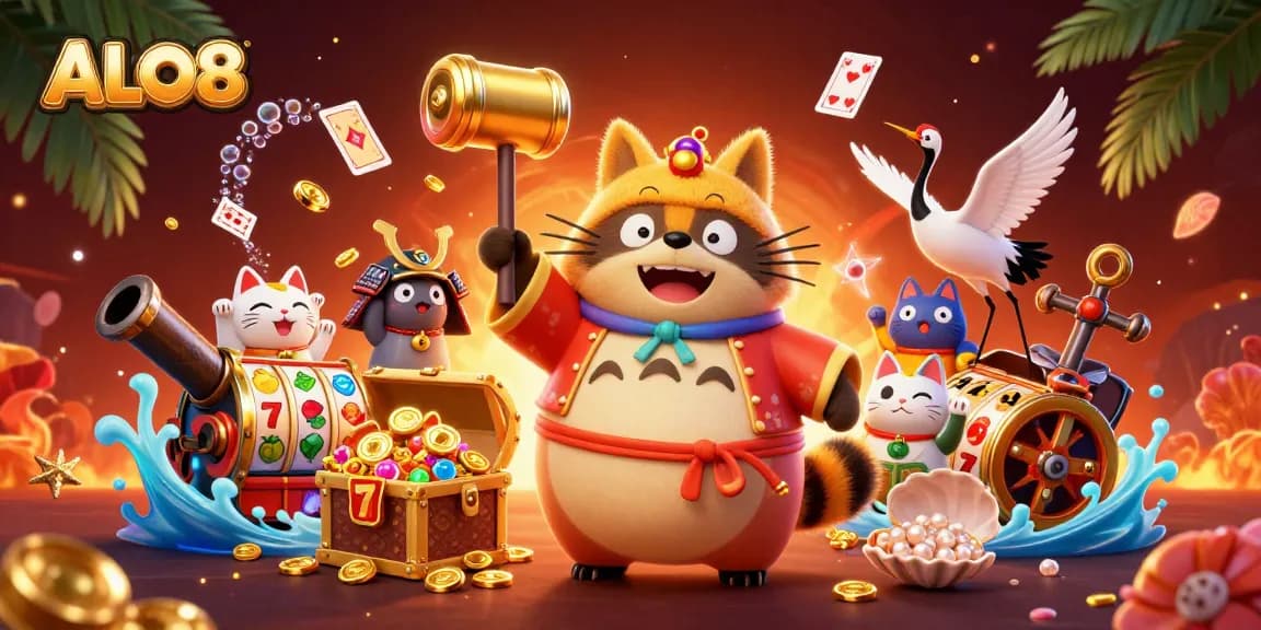 Join the vibrant world of ALO8 with cheerful tanuki and lucky symbols for engaging gaming!