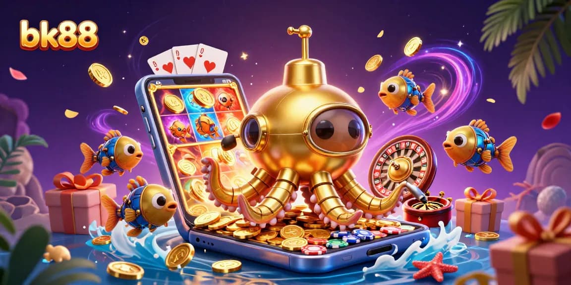 Explore bk88's vibrant platform with a kraken submarine and mechanical fish in a dynamic casino scene.