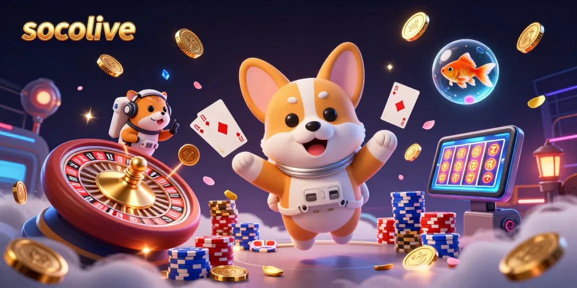 Socolive showcases a vibrant 3D rendering of a corgi in a space casino surrounded by floating poker chips and coins.