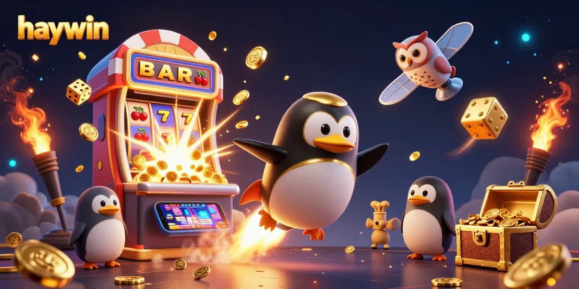 Experience exhilarating gameplay at Haywin with a 3D scene featuring golden penguin and slot machine.