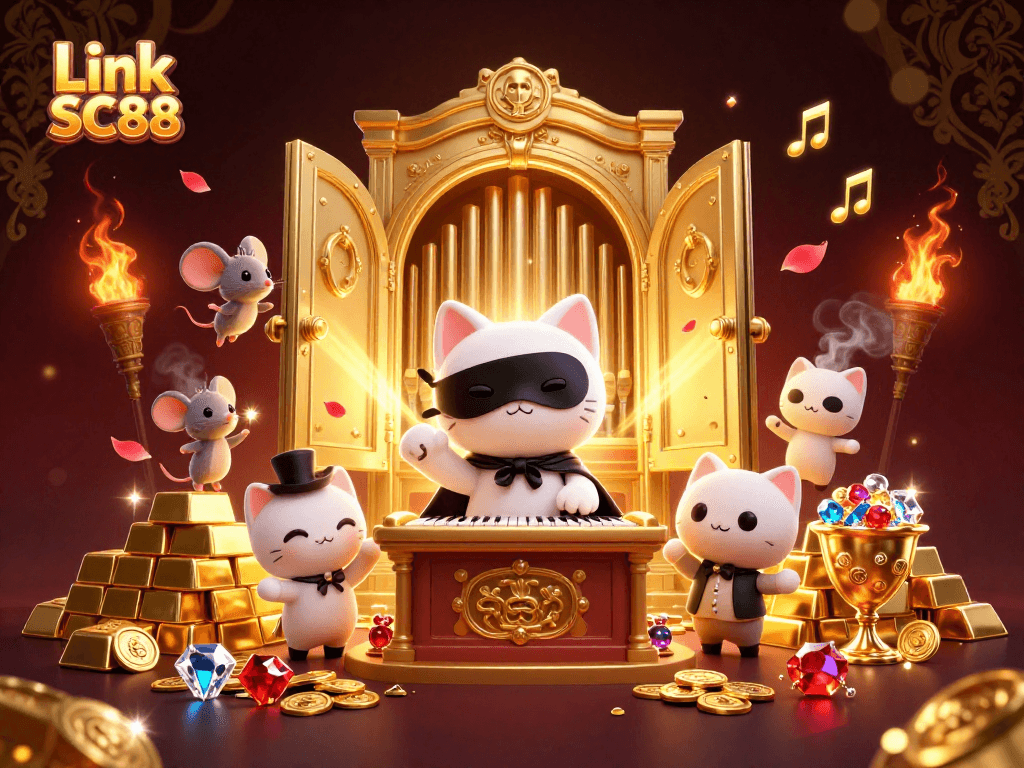 Experience captivating moments at Link SC88 with enchanting 3D cat and acrobat in a vibrant casino