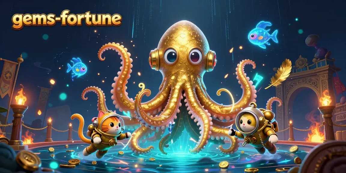 Experience gems-fortune in this vibrant underwater scene with a treasure kraken and divers.
