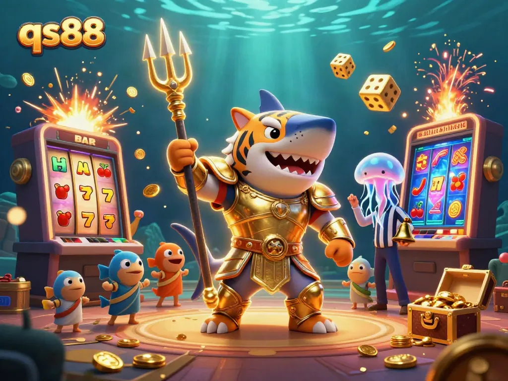 Experience thrilling slots at qs88 with a vibrant underwater scene featuring interactive casino elements.