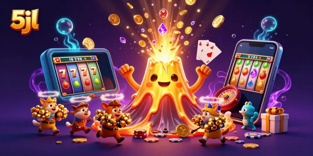 Experience the thrill of 5jl with a golden volcano, erupting treasures, and vibrant casino elements.