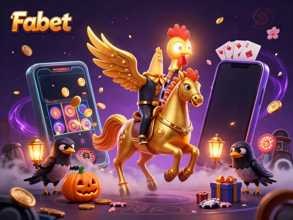 Experience thrilling gameplay at Fabet with a vibrant casino illustration featuring a golden rooster, slots, and mystical elements.