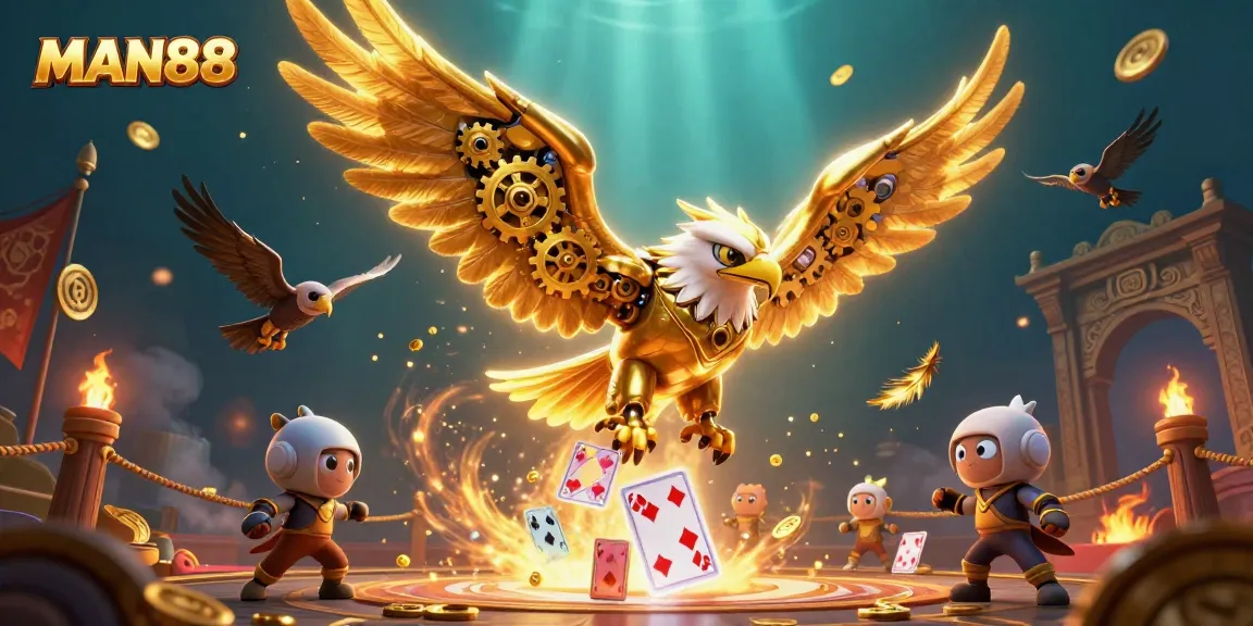 Engage in excitement with MAN88, featuring a dynamic 3D illustration of a cybernetic eagle soaring through holographic cards.