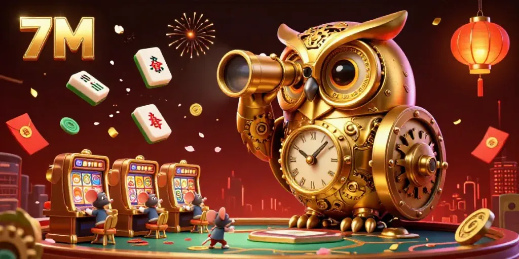 Engage with 7M's thrilling casino experience featuring cartoon characters, slot machines, and dynamic game elements.