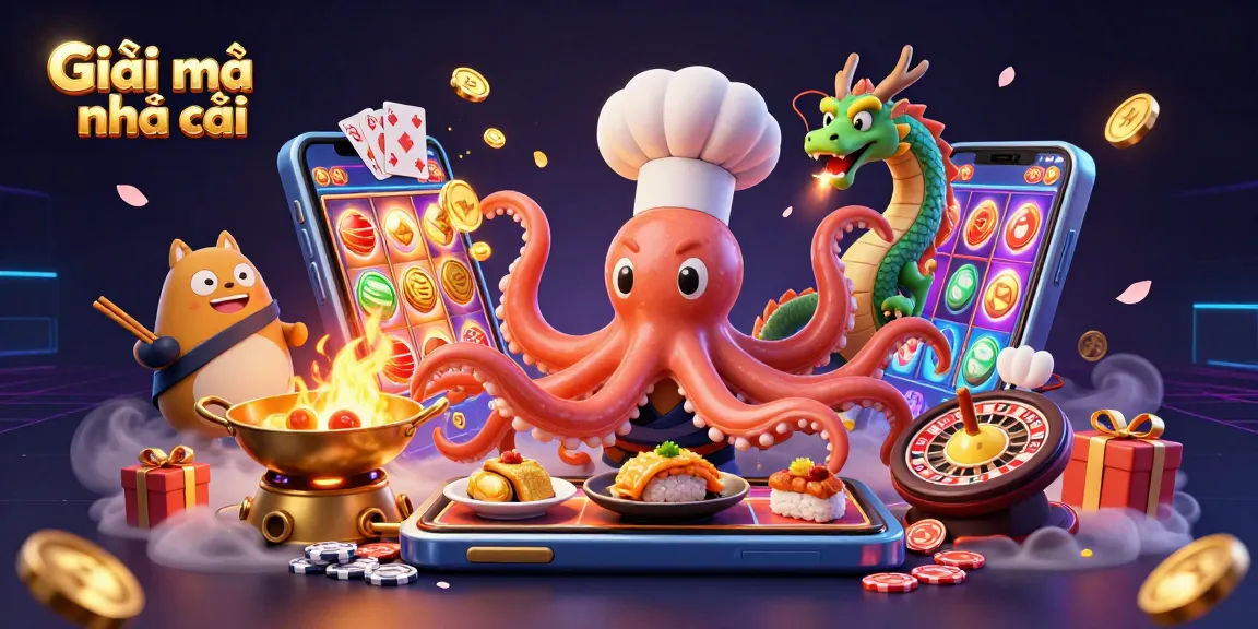 Experience Giãi mã nhà cái with an exciting illustration of a culinary casino adventure, featuring an octopus chef and a dragon.