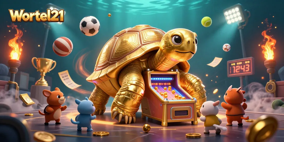 Join the excitement of Wortel21 with a vibrant 3D casino scene featuring a playful golden tortoise.