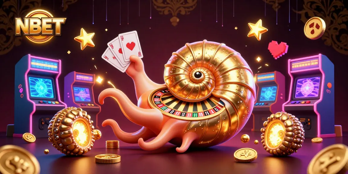 Experience NBET's casino magic with a giant nautilus roulette wheel and glowing cards in a vivid 3D scene.