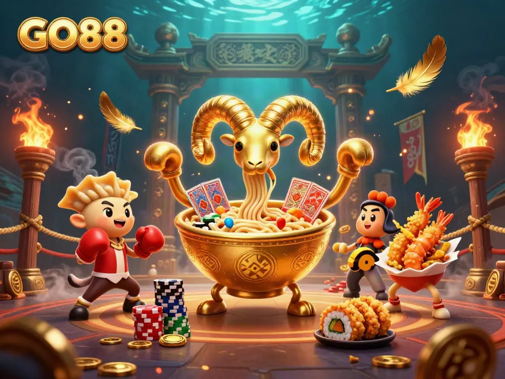 Engage with GO88 as animated characters deal cards amidst vibrant casino elements.