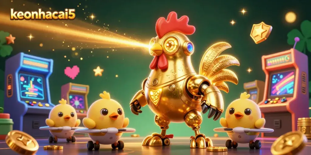 Engage with keonhacai5 and its vibrant casino scene featuring a laser-shooting golden rooster robot.