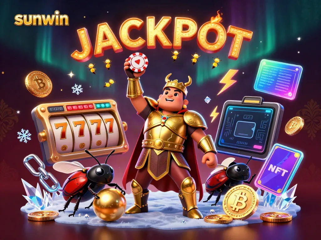Engage with sunwin's vibrant 3D beetle champions celebrating a jackpot win among slot game elements.