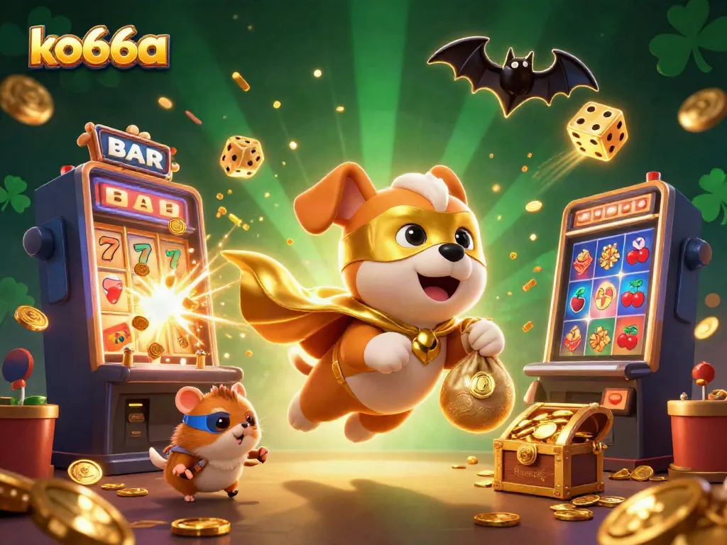 Experience thrilling wins at ko66a with a heroic dog and hamster in dynamic casino scene filled with jackpots.